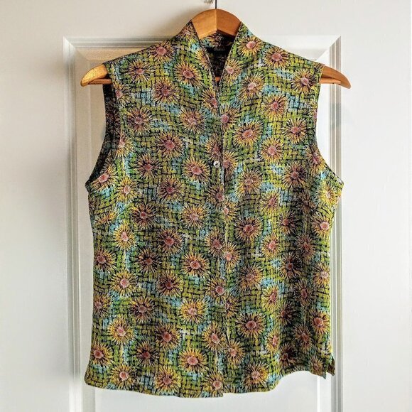 Ishyu Green Blue Yellow Pink Floral Silk Sleeveless Top - Picture 1 of 4